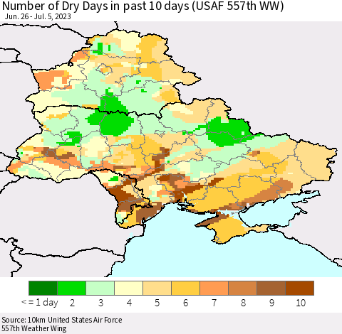 Ukraine, Moldova and Belarus Number of Dry Days in past 10 days (USAF 557th WW) Thematic Map For 7/1/2023 - 7/5/2023