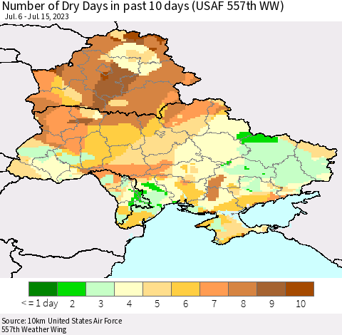 Ukraine, Moldova and Belarus Number of Dry Days in past 10 days (USAF 557th WW) Thematic Map For 7/11/2023 - 7/15/2023