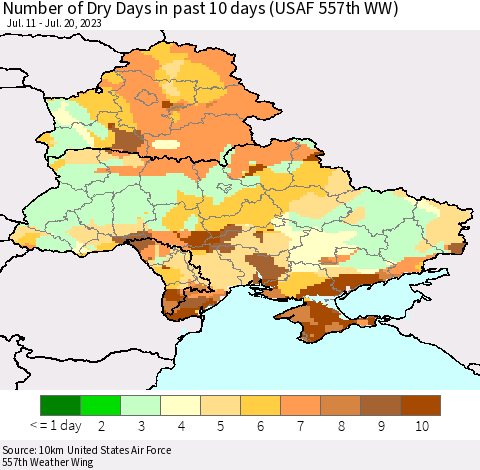 Ukraine, Moldova and Belarus Number of Dry Days in past 10 days (USAF 557th WW) Thematic Map For 7/16/2023 - 7/20/2023