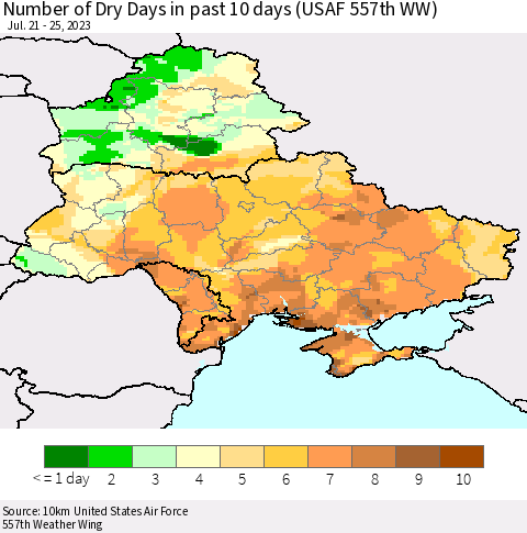 Ukraine, Moldova and Belarus Number of Dry Days in past 10 days (USAF 557th WW) Thematic Map For 7/21/2023 - 7/25/2023