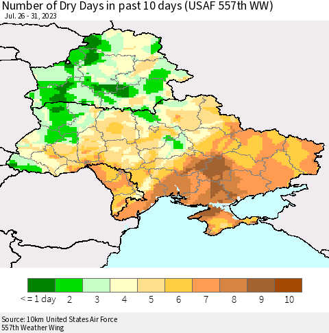 Ukraine, Moldova and Belarus Number of Dry Days in past 10 days (USAF 557th WW) Thematic Map For 7/26/2023 - 7/31/2023
