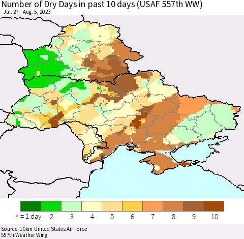 Ukraine, Moldova and Belarus Number of Dry Days in past 10 days (USAF 557th WW) Thematic Map For 8/1/2023 - 8/5/2023