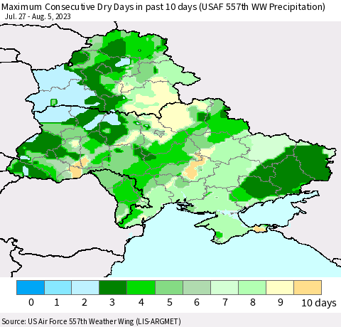 Ukraine, Moldova and Belarus Maximum Consecutive Dry Days in past 10 days (USAF 557th WW Precipitation) Thematic Map For 8/1/2023 - 8/5/2023