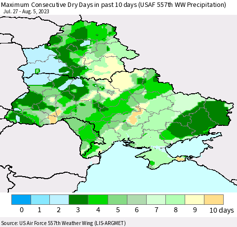 Ukraine, Moldova and Belarus Number of Dry Days in past 10 days (USAF 557th WW) Thematic Map For 8/1/2023 - 8/5/2023