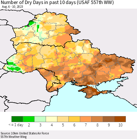 Ukraine, Moldova and Belarus Number of Dry Days in past 10 days (USAF 557th WW) Thematic Map For 8/6/2023 - 8/10/2023