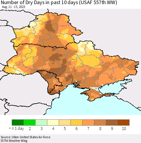 Ukraine, Moldova and Belarus Number of Dry Days in past 10 days (USAF 557th WW) Thematic Map For 8/11/2023 - 8/15/2023
