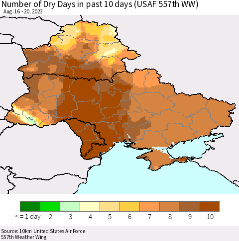 Ukraine, Moldova and Belarus Number of Dry Days in past 10 days (USAF 557th WW) Thematic Map For 8/16/2023 - 8/20/2023