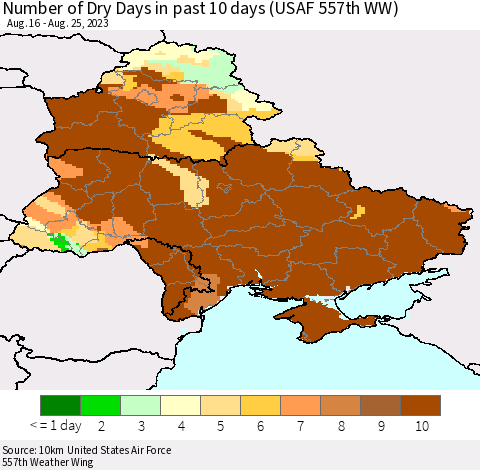 Ukraine, Moldova and Belarus Number of Dry Days in past 10 days (USAF 557th WW) Thematic Map For 8/21/2023 - 8/25/2023