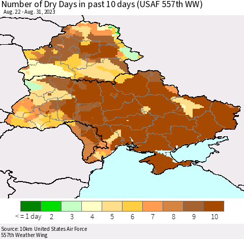 Ukraine, Moldova and Belarus Number of Dry Days in past 10 days (USAF 557th WW) Thematic Map For 8/26/2023 - 8/31/2023