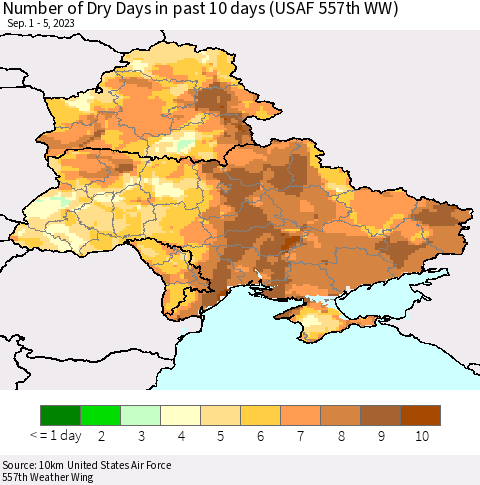 Ukraine, Moldova and Belarus Number of Dry Days in past 10 days (USAF 557th WW) Thematic Map For 9/1/2023 - 9/5/2023
