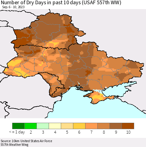 Ukraine, Moldova and Belarus Number of Dry Days in past 10 days (USAF 557th WW) Thematic Map For 9/6/2023 - 9/10/2023