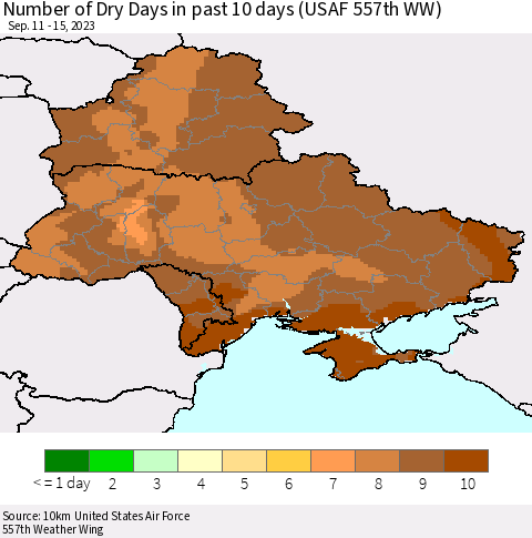Ukraine, Moldova and Belarus Number of Dry Days in past 10 days (USAF 557th WW) Thematic Map For 9/11/2023 - 9/15/2023