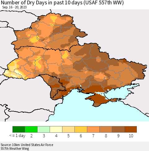 Ukraine, Moldova and Belarus Number of Dry Days in past 10 days (USAF 557th WW) Thematic Map For 9/16/2023 - 9/20/2023
