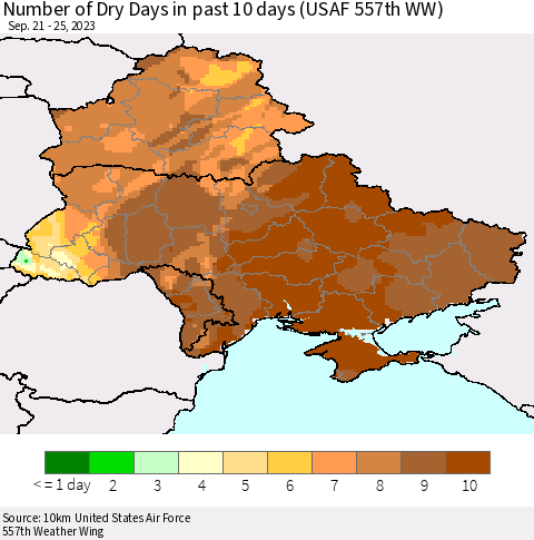 Ukraine, Moldova and Belarus Number of Dry Days in past 10 days (USAF 557th WW) Thematic Map For 9/21/2023 - 9/25/2023