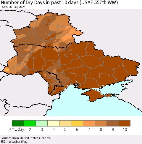 Ukraine, Moldova and Belarus Number of Dry Days in past 10 days (USAF 557th WW) Thematic Map For 9/26/2023 - 9/30/2023