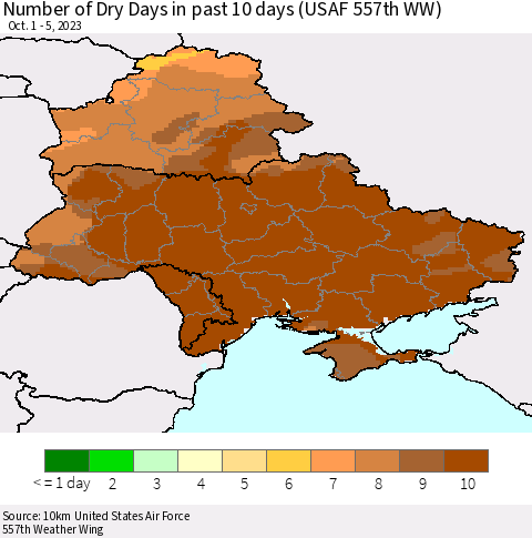 Ukraine, Moldova and Belarus Number of Dry Days in past 10 days (USAF 557th WW) Thematic Map For 10/1/2023 - 10/5/2023