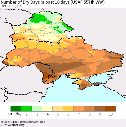 Ukraine, Moldova and Belarus Number of Dry Days in past 10 days (USAF 557th WW) Thematic Map For 10/11/2023 - 10/15/2023