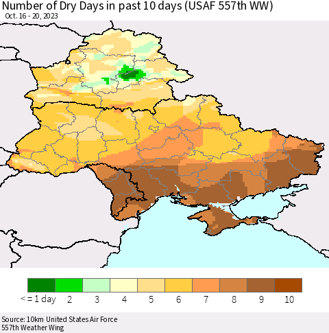Ukraine, Moldova and Belarus Number of Dry Days in past 10 days (USAF 557th WW) Thematic Map For 10/16/2023 - 10/20/2023