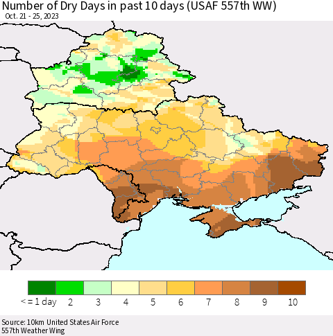 Ukraine, Moldova and Belarus Number of Dry Days in past 10 days (USAF 557th WW) Thematic Map For 10/21/2023 - 10/25/2023
