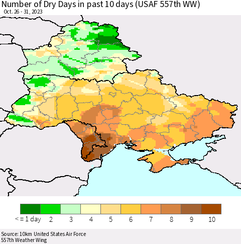 Ukraine, Moldova and Belarus Number of Dry Days in past 10 days (USAF 557th WW) Thematic Map For 10/26/2023 - 10/31/2023