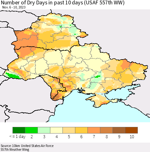 Ukraine, Moldova and Belarus Number of Dry Days in past 10 days (USAF 557th WW) Thematic Map For 11/6/2023 - 11/10/2023