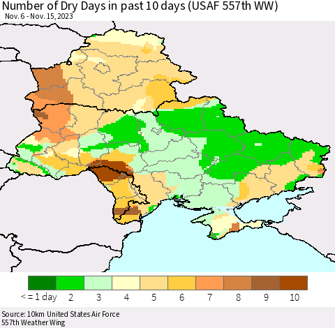 Ukraine, Moldova and Belarus Number of Dry Days in past 10 days (USAF 557th WW) Thematic Map For 11/11/2023 - 11/15/2023