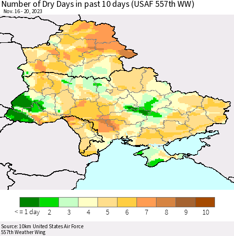 Ukraine, Moldova and Belarus Number of Dry Days in past 10 days (USAF 557th WW) Thematic Map For 11/16/2023 - 11/20/2023