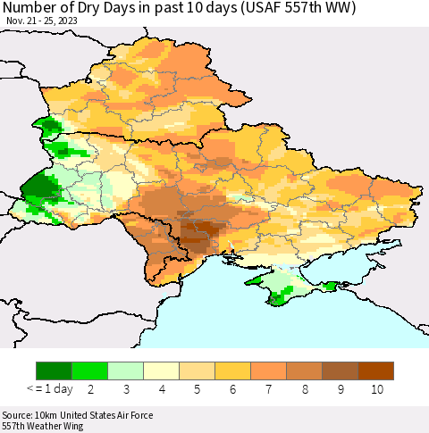 Ukraine, Moldova and Belarus Number of Dry Days in past 10 days (USAF 557th WW) Thematic Map For 11/21/2023 - 11/25/2023