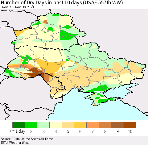 Ukraine, Moldova and Belarus Number of Dry Days in past 10 days (USAF 557th WW) Thematic Map For 11/26/2023 - 11/30/2023