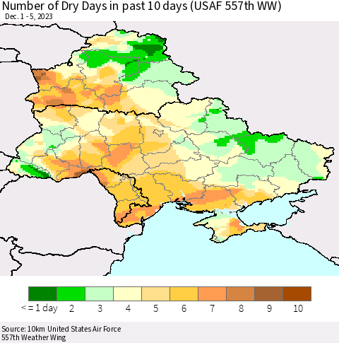 Ukraine, Moldova and Belarus Number of Dry Days in past 10 days (USAF 557th WW) Thematic Map For 12/1/2023 - 12/5/2023