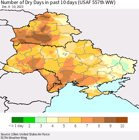 Ukraine, Moldova and Belarus Number of Dry Days in past 10 days (USAF 557th WW) Thematic Map For 12/6/2023 - 12/10/2023