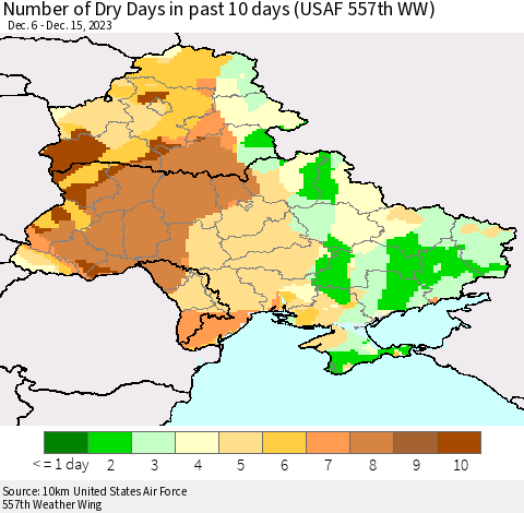 Ukraine, Moldova and Belarus Number of Dry Days in past 10 days (USAF 557th WW) Thematic Map For 12/11/2023 - 12/15/2023