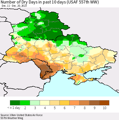 Ukraine, Moldova and Belarus Number of Dry Days in past 10 days (USAF 557th WW) Thematic Map For 12/16/2023 - 12/20/2023
