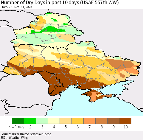 Ukraine, Moldova and Belarus Number of Dry Days in past 10 days (USAF 557th WW) Thematic Map For 12/26/2023 - 12/31/2023