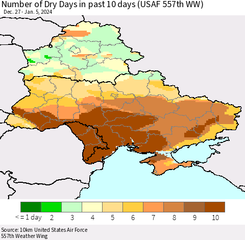 Ukraine, Moldova and Belarus Number of Dry Days in past 10 days (USAF 557th WW) Thematic Map For 1/1/2024 - 1/5/2024