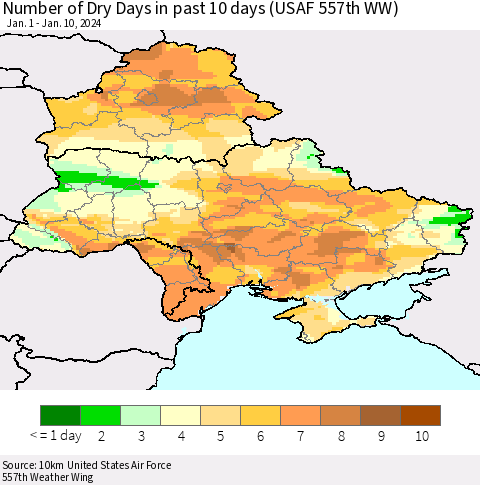 Ukraine, Moldova and Belarus Number of Dry Days in past 10 days (USAF 557th WW) Thematic Map For 1/6/2024 - 1/10/2024