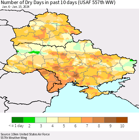 Ukraine, Moldova and Belarus Number of Dry Days in past 10 days (USAF 557th WW) Thematic Map For 1/11/2024 - 1/15/2024