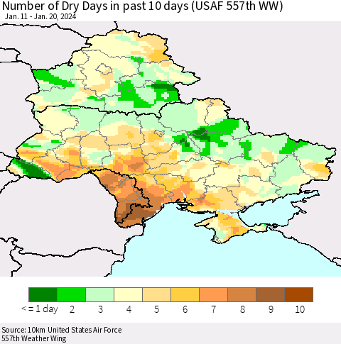 Ukraine, Moldova and Belarus Number of Dry Days in past 10 days (USAF 557th WW) Thematic Map For 1/16/2024 - 1/20/2024