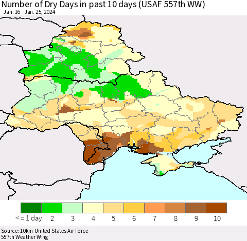 Ukraine, Moldova and Belarus Number of Dry Days in past 10 days (USAF 557th WW) Thematic Map For 1/21/2024 - 1/25/2024