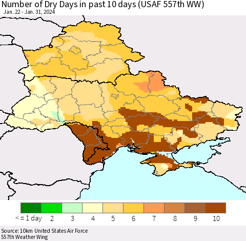 Ukraine, Moldova and Belarus Number of Dry Days in past 10 days (USAF 557th WW) Thematic Map For 1/26/2024 - 1/31/2024