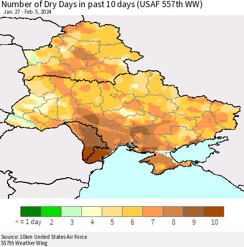 Ukraine, Moldova and Belarus Number of Dry Days in past 10 days (USAF 557th WW) Thematic Map For 2/1/2024 - 2/5/2024