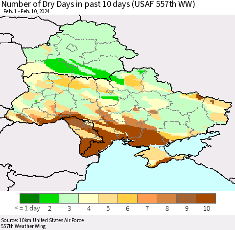 Ukraine, Moldova and Belarus Number of Dry Days in past 10 days (USAF 557th WW) Thematic Map For 2/6/2024 - 2/10/2024