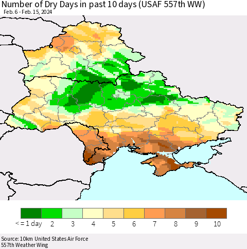 Ukraine, Moldova and Belarus Number of Dry Days in past 10 days (USAF 557th WW) Thematic Map For 2/11/2024 - 2/15/2024