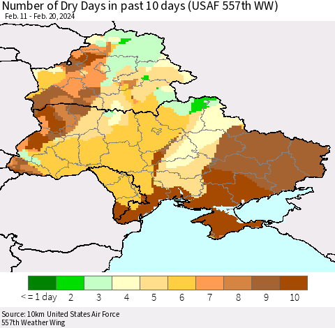 Ukraine, Moldova and Belarus Number of Dry Days in past 10 days (USAF 557th WW) Thematic Map For 2/16/2024 - 2/20/2024