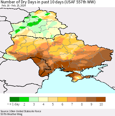 Ukraine, Moldova and Belarus Number of Dry Days in past 10 days (USAF 557th WW) Thematic Map For 2/21/2024 - 2/25/2024