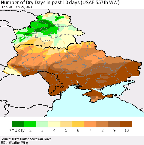Ukraine, Moldova and Belarus Number of Dry Days in past 10 days (USAF 557th WW) Thematic Map For 2/26/2024 - 2/29/2024