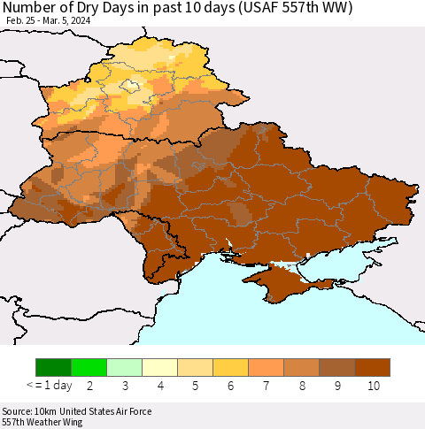 Ukraine, Moldova and Belarus Number of Dry Days in past 10 days (USAF 557th WW) Thematic Map For 3/1/2024 - 3/5/2024