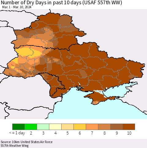 Ukraine, Moldova and Belarus Number of Dry Days in past 10 days (USAF 557th WW) Thematic Map For 3/6/2024 - 3/10/2024