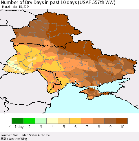 Ukraine, Moldova and Belarus Number of Dry Days in past 10 days (USAF 557th WW) Thematic Map For 3/11/2024 - 3/15/2024