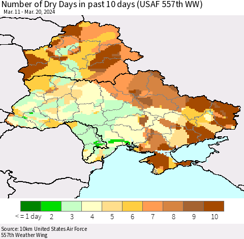 Ukraine, Moldova and Belarus Number of Dry Days in past 10 days (USAF 557th WW) Thematic Map For 3/16/2024 - 3/20/2024